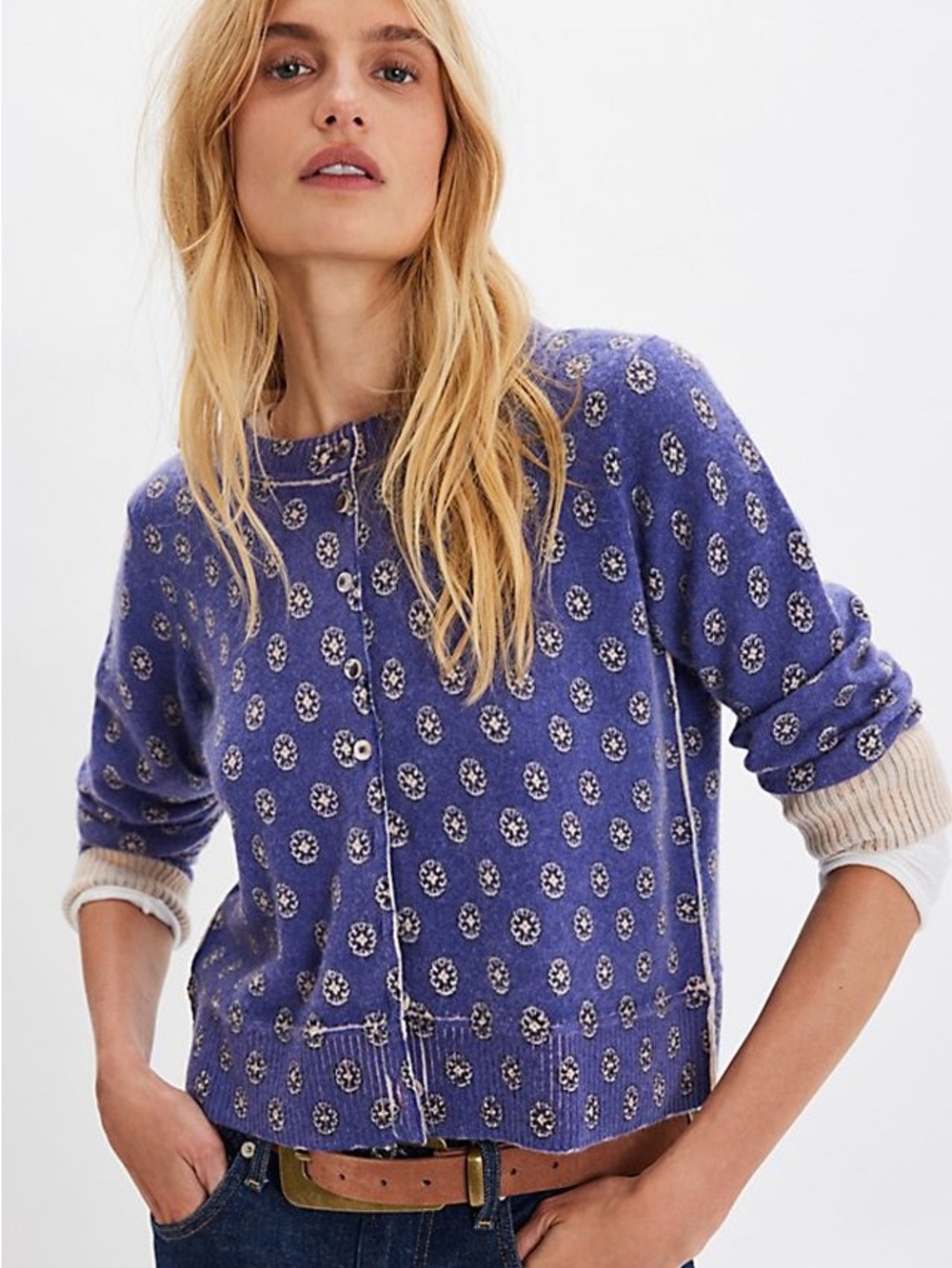 NWT FREE PEOPLE Nocturnal Patterned Cashmere Cardi | Royal Navy Combo MSRP $148